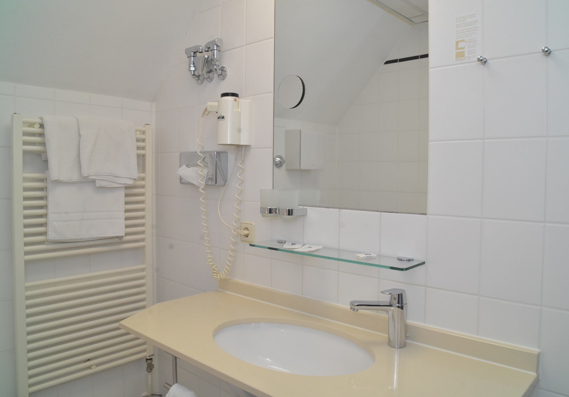 Bathroom view with cosmetic mirror, hairdryer and shower